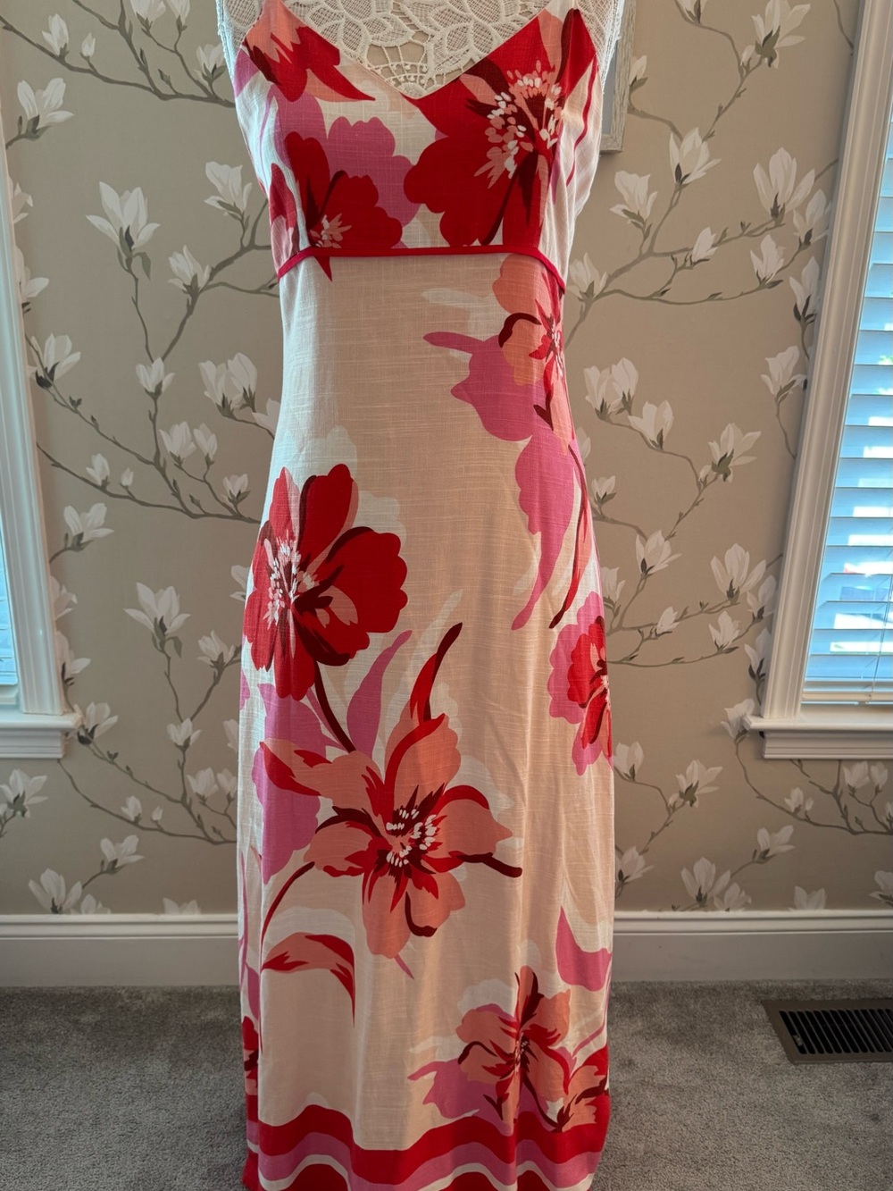 Well Made, Lined, Red & Pinks Floral Maxi Dress
